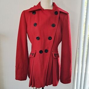 Guess Red Double-Breasted Pleated Coat Wool Blend Jacket Medium